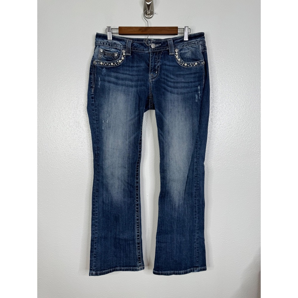 Miss Me Signature Bootcut Jeans Blue‎ Embellished Pearl Rhinestone Size 31